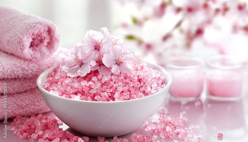 A spring-themed spa setup with blooming cherry blossoms and pink bath salts for a relaxing retreat. A spring-themed spa setup with blooming cherry blossoms and pink bath salts for a relaxing retreat.