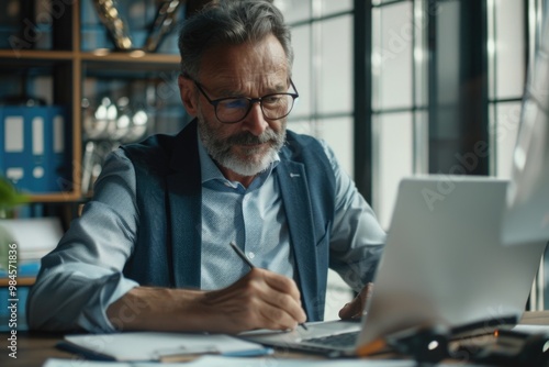 Wallpaper Mural A person sitting at a desk using a laptop computer, ideal for use in corporate or office settings Torontodigital.ca
