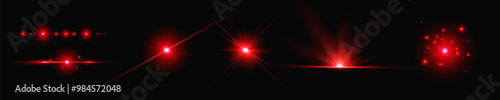 Red light  effect reflections, neon illumination in red colors. Bright light lens. Police light effects, lines. Shiny stars, glowing sparks on a black background. Vector