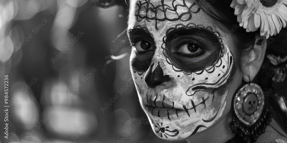 Fototapeta premium A black and white portrait of a woman with skull makeup, great for Halloween or horror-themed projects