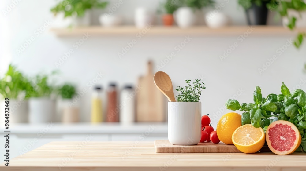 A bright kitchen environment with a wooden table, fresh fruits, and herbs neatly arranged for a simple meal preparation. A bright kitchen environment with a wooden table, fresh fruits, and herbs neatly arranged for a simple meal preparation.