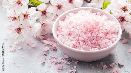 A bowl of pink bath salts resting beside blooming cherry blossoms, representing tranquility and self-care.