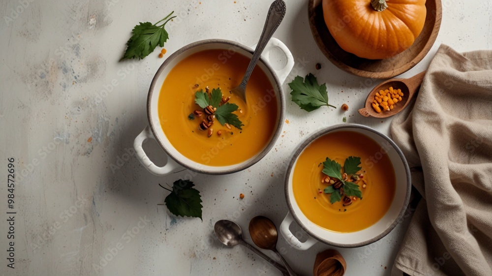 pumpkin soup on white rustic kitchen table with ingredients pumpkin soup on white rustic kitchen table with ingredients