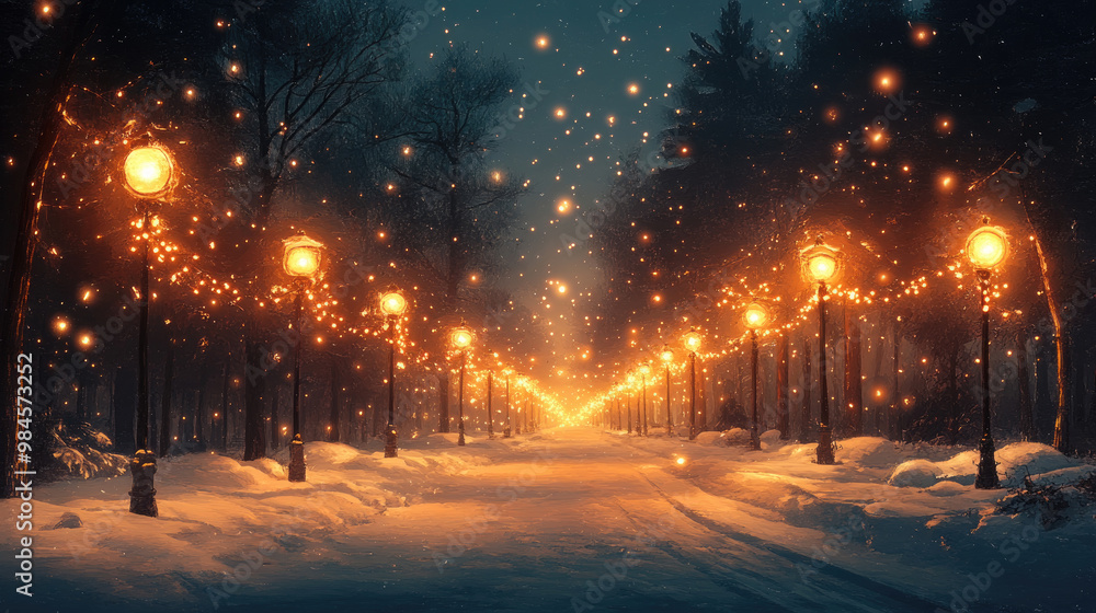A tranquil winter evening reveals a snow-blanketed park lined with illuminated street lamps, casting a warm glow amidst gently falling snowflakes A tranquil winter evening reveals a snow-blanketed park lined with illuminated street lamps, casting a warm glow amidst gently falling snowflakes