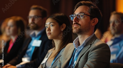 Male and female attendees who participate and listen intently to the speakers lecturing.