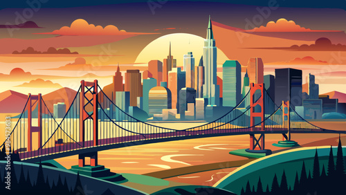 San Francisco skyline with Oakland Bay Bridge at sunset, California, USA