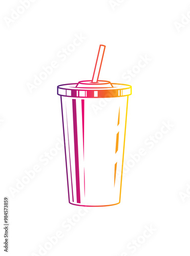 Fast food plastic cup with straw. Hot or cold drink. Original vector illustration in vintage style.