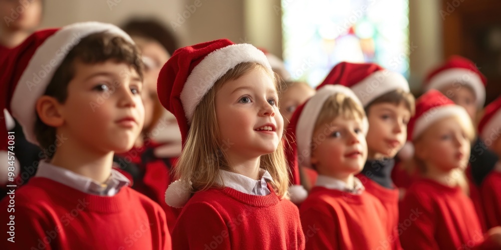 Group of children singing in church choir singing Christmas carols christmas festival Group of children singing in church choir singing Christmas carols christmas festival