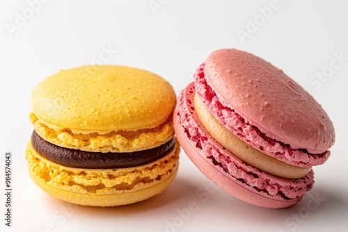 Two colorful macarons resting together, perfect for food photography or social media use