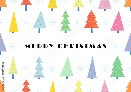 Merry Christmas. Snowflakes and Christmas tree background. New year firtrees. Winter elements for holiday design