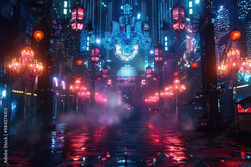 A vibrant street filled with many colorful lights, great for nightlife or cityscape scenes A vibrant street filled with many colorful lights, great for nightlife or cityscape scenes