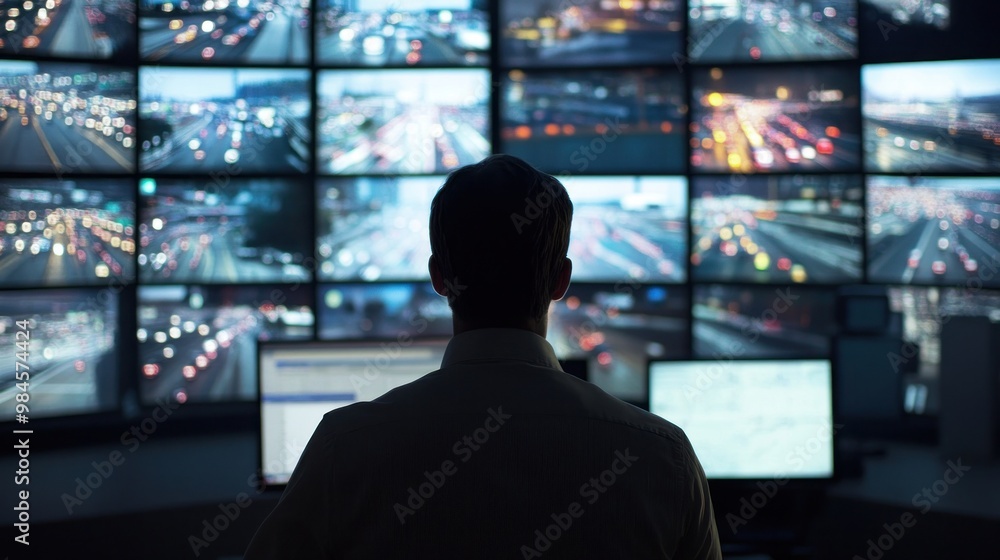 A person monitoring multiple screens displaying busy city traffic. A person monitoring multiple screens displaying busy city traffic.