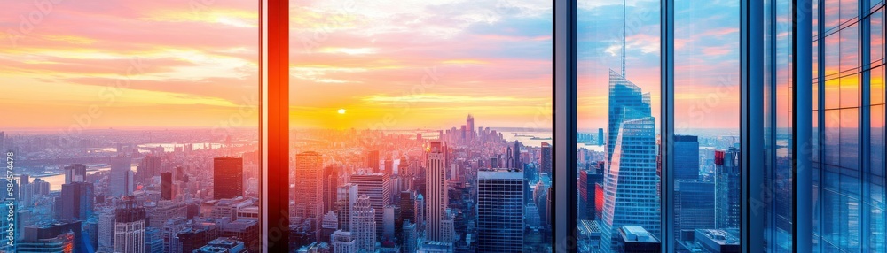 Obraz premium Stunning sunset view from a high-rise building, showcasing a vibrant city skyline bathed in warm hues of orange and purple.