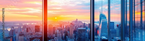 Wallpaper Mural Stunning sunset view from a high-rise building, showcasing a vibrant city skyline bathed in warm hues of orange and purple. Torontodigital.ca