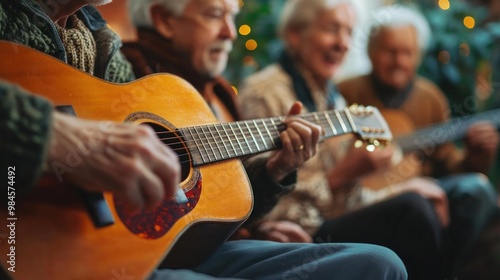 Elderly people playing guitar sing with friends In the living room or backyard The atmosphere was full of music and fun. Happiness in a happy retirement