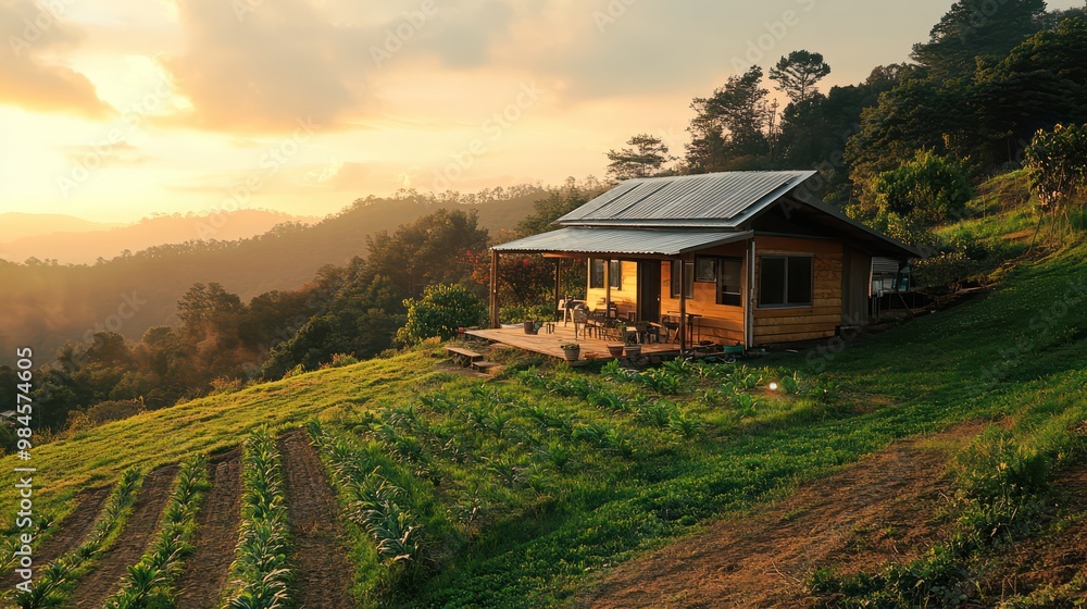 Fototapeta premium Freedom in off-grid living, showing self-sufficient homes away from urban environments