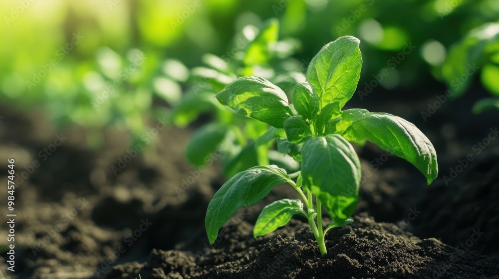 Young Basil Plant Growing In Soil Young Basil Plant Growing In Soil