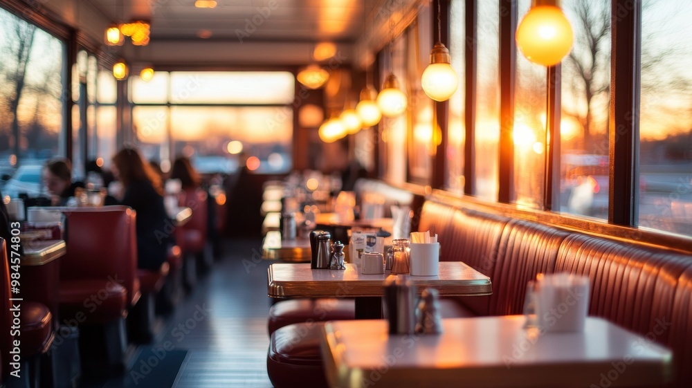 Cozy diner interior at sunset, featuring red booths and warm lighting, inviting atmosphere for dining and socializing. Cozy diner interior at sunset, featuring red booths and warm lighting, inviting atmosphere for dining and socializing.