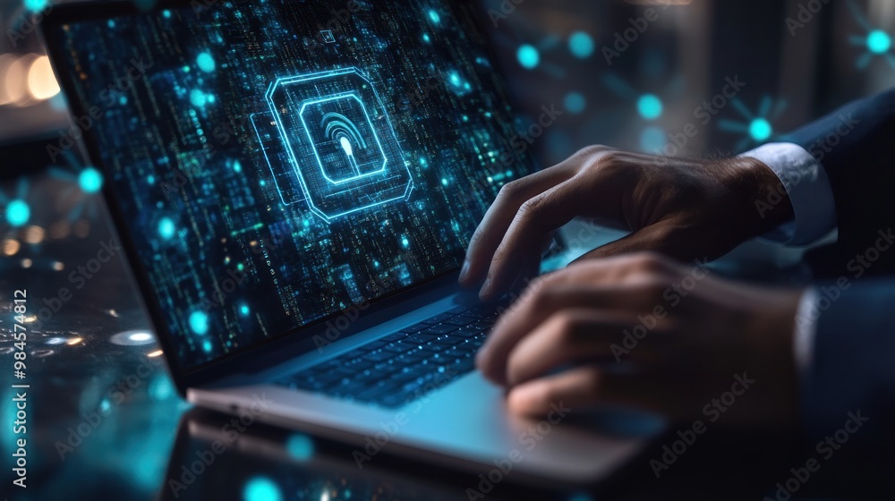 A close-up of hands typing on a laptop with a digital security lock graphic on the screen. A close-up of hands typing on a laptop with a digital security lock graphic on the screen.