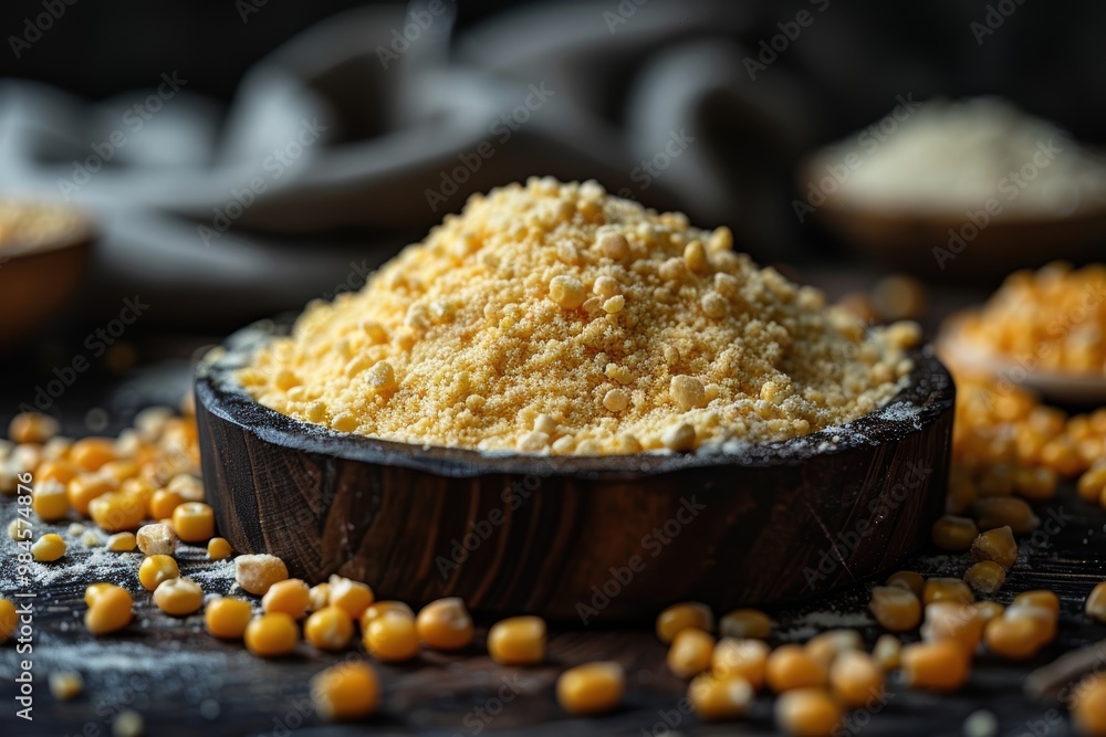 A close-up view of a rustic wooden bowl filled with freshly ground cornmeal, surrounded by scattered corn kernels against a dark, moody background A close-up view of a rustic wooden bowl filled with freshly ground cornmeal, surrounded by scattered corn kernels against a dark, moody background