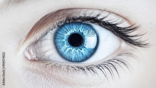 Close-up of a striking blue eye with intricate details and long eyelashes, showcasing its depth and beauty.