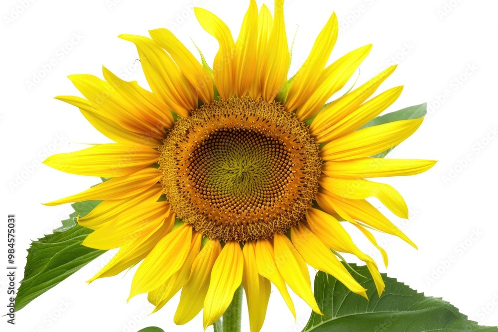 Fototapeta premium A bright yellow sunflower with green leaves on a simple white background, perfect for uses where you want to draw attention to something sunny and cheerful