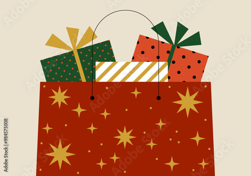 Paper shopping bag with gift boxes. Buying present for Xmas holiday and New Year celebration concept ideal for celebrations and gifting themes. Shopping bag full of christmas gift box