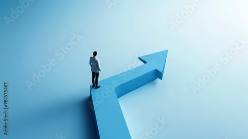 A person walks up the arrow on a light blue background, symbolizing career growth and success