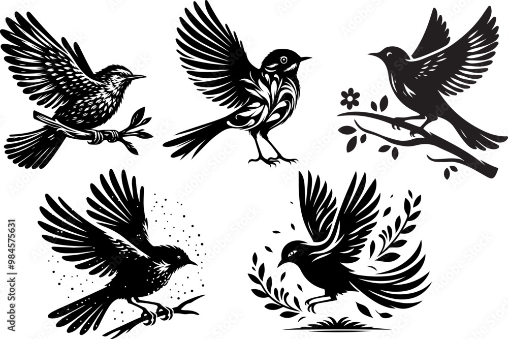 Obraz premium flying birds silhouette vector style with white background
