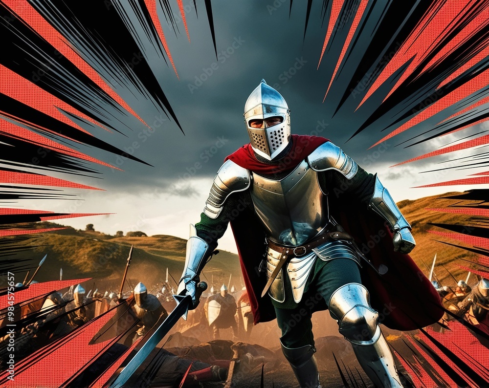 Knight in shining armor stands ready for battle in epic medieval setting