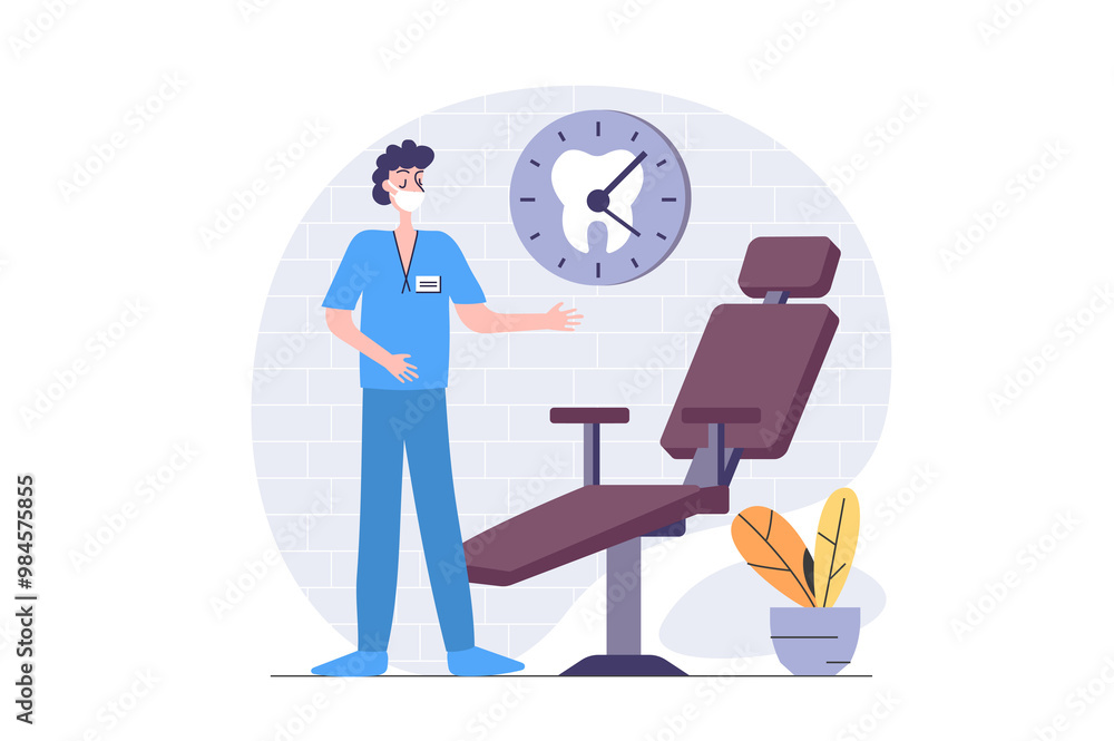 Naklejka premium Medicine concept in modern flat design for web. Dentist working in stomatology office and waiting patients by chair for checkup and dentistry procedures, orthodontist service. Illustration.