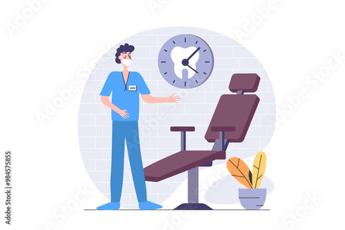 Medicine concept in modern flat design for web. Dentist working in stomatology office and waiting patients by chair for checkup and dentistry procedures, orthodontist service. Illustration. photo