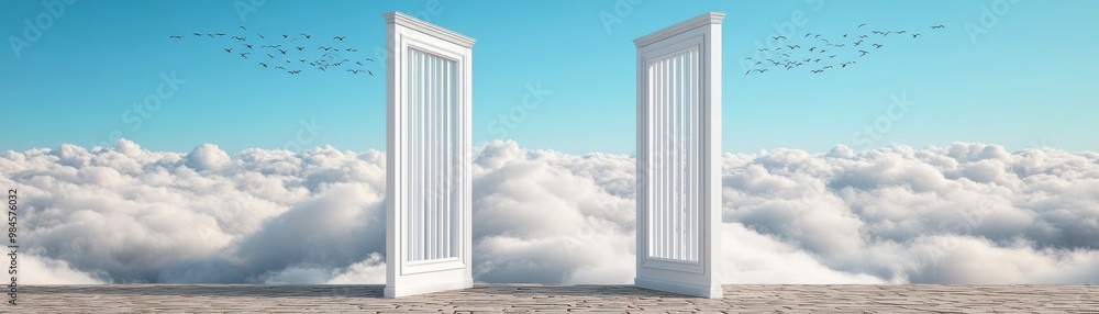 Two open doors in the clouds symbolize opportunities and new beginnings against a serene blue sky. Two open doors in the clouds symbolize opportunities and new beginnings against a serene blue sky.