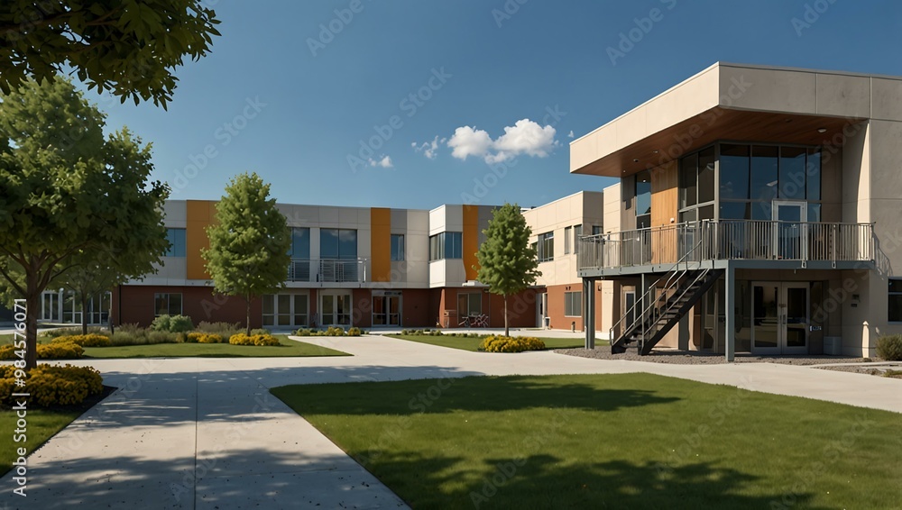 Modern community center with playground and inviting entrance. Modern community center with playground and inviting entrance.