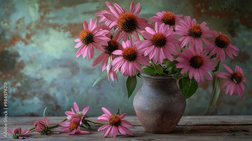 Vibrant pink echinacea flowers in a vase Vibrant pink echinacea flowers in a vase