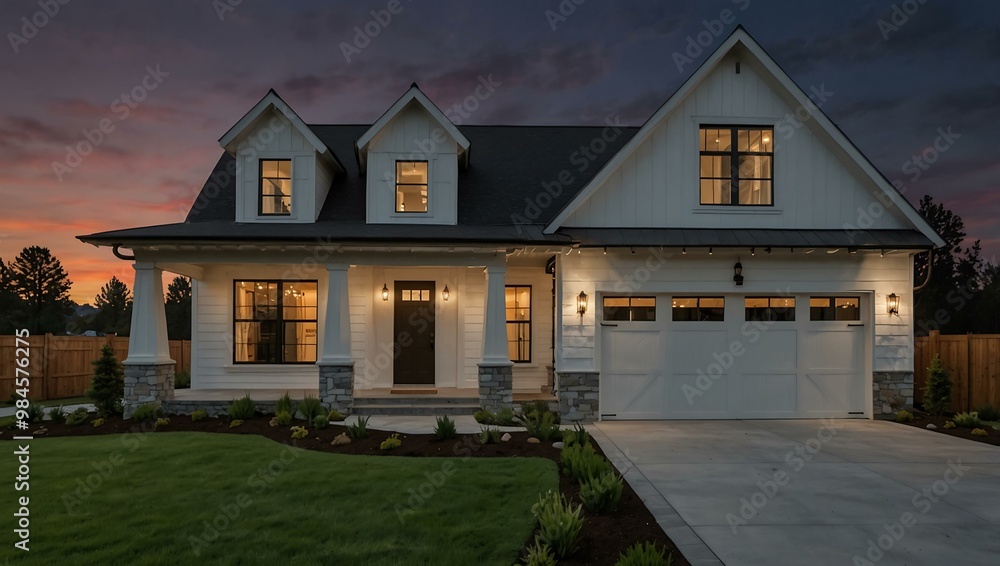 Modern farmhouse luxury home exterior at twilight. Modern farmhouse luxury home exterior at twilight.