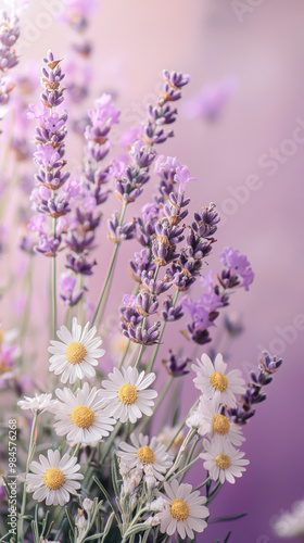 Lavender and chamomile flowers create soothing herbal composition, showcasing delicate purple and white blooms. This serene arrangement evokes sense of calm and tranquility photo