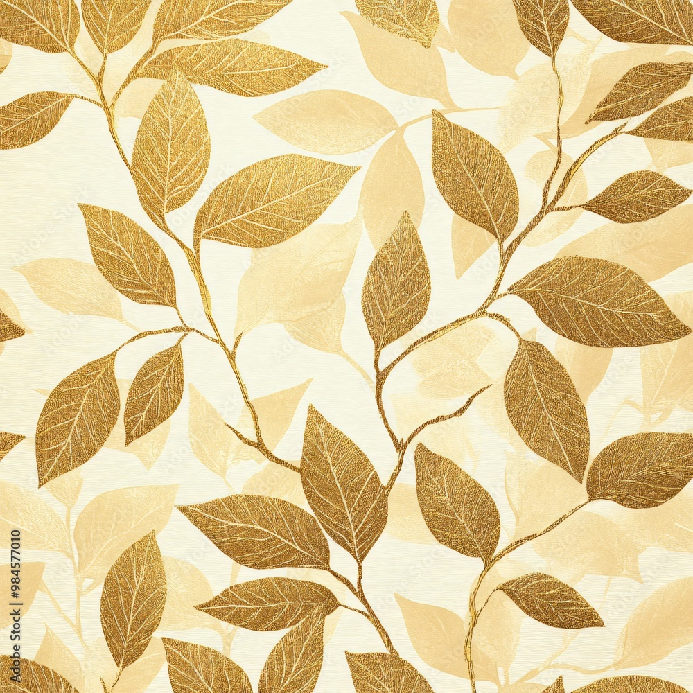 custom made wallpaper toronto digitalElegant Gold Metallic Leaf Pattern on Soft Cream Background for Invitations, Home Decor, Packaging Design