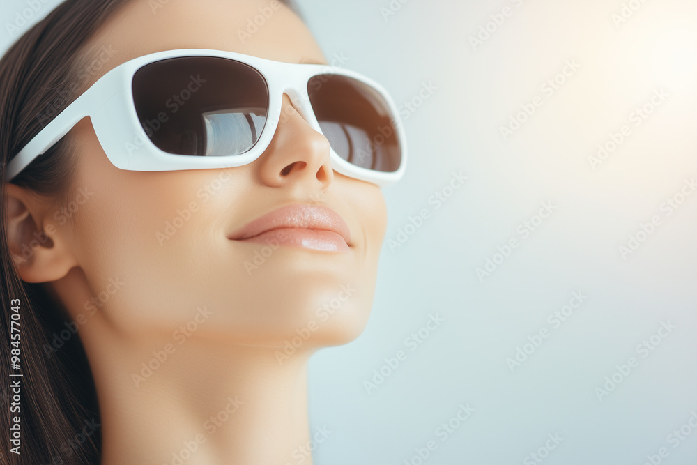 portrait of a woman wearing sunglasses ready to receive whitening teeth treatment portrait of a woman wearing sunglasses ready to receive whitening teeth treatment