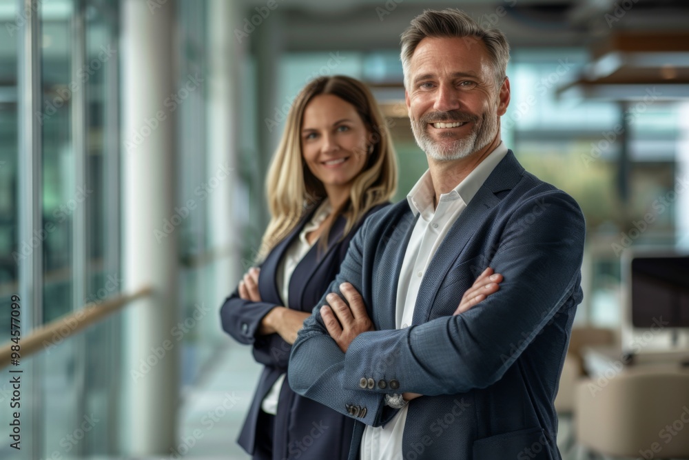 Portrait of a business man and woman smiling in modern office, standing together. Portrait of a business man and woman smiling in modern office, standing together.