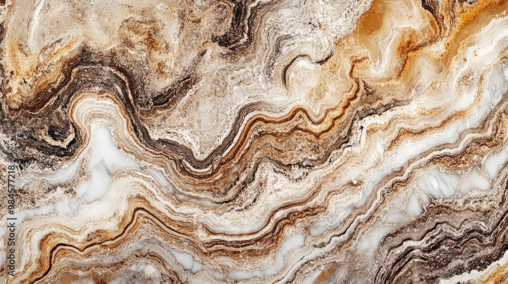 A high-res image of a marble slab with unique, swirling patterns of brown, beige, and white, ready to be cut and used in a luxurious architectural project. A high-res image of a marble slab with unique, swirling patterns of brown, beige, and white, ready to be cut and used in a luxurious architectural project.