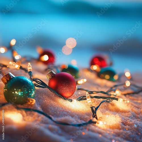 close up of christmas light string and christmas orniments on beach in the sand on tropical beach mood lighting light blue sky background photo