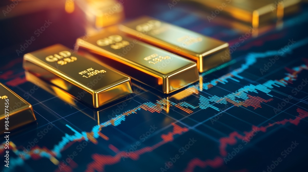 Golden bars on financial stock market chart background representing wealth and investment Golden bars on financial stock market chart background representing wealth and investment