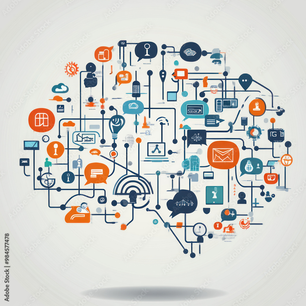 Human brain made of swirling digital lines and business icons Human brain made of swirling digital lines and business icons