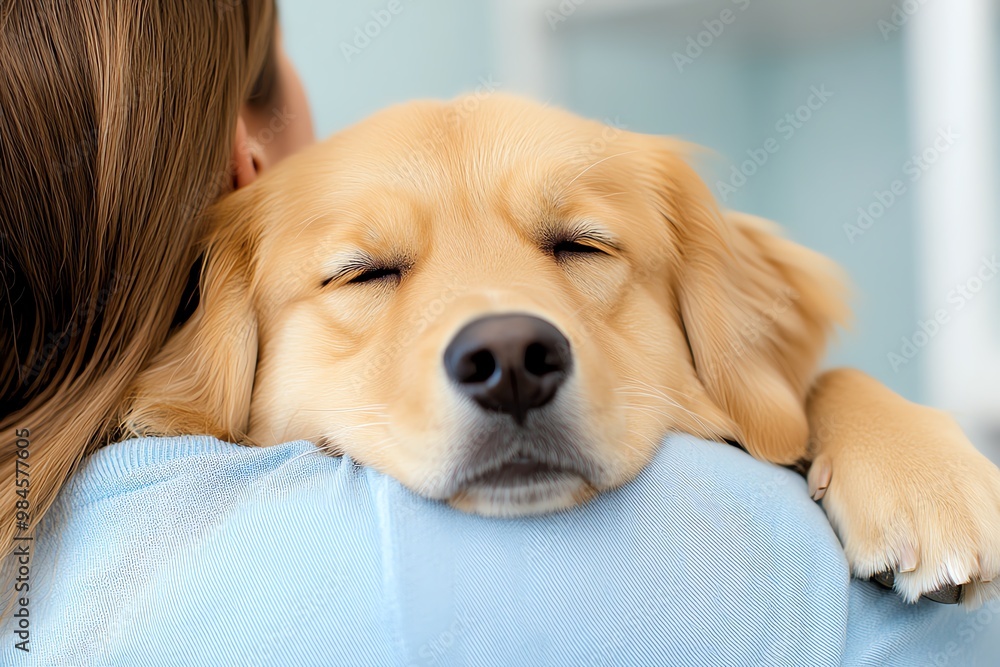 A dog resting its head on a person's shoulder, symbolizing trust, love, and protection A dog resting its head on a person's shoulder, symbolizing trust, love, and protection