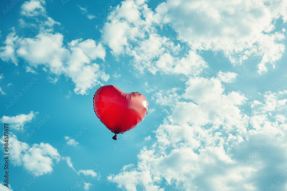 Fototapeta premium Heart-shaped balloon floating in a clear blue sky