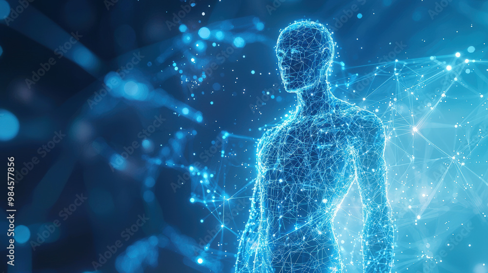 A holographic human figure with circuits represents fusion of technology and humanity, showcasing futuristic vision of digital existence A holographic human figure with circuits represents fusion of technology and humanity, showcasing futuristic vision of digital existence