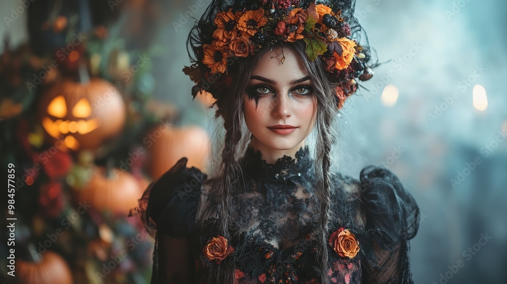 A young woman dressed in an intricate, dark, and gothic Halloween costume with elaborate makeup and floral headpiece stands against a backdrop of glowing jack-o'-lanterns and ethereal mist A young woman dressed in an intricate, dark, and gothic Halloween costume with elaborate makeup and floral headpiece stands against a backdrop of glowing jack-o'-lanterns and ethereal mist