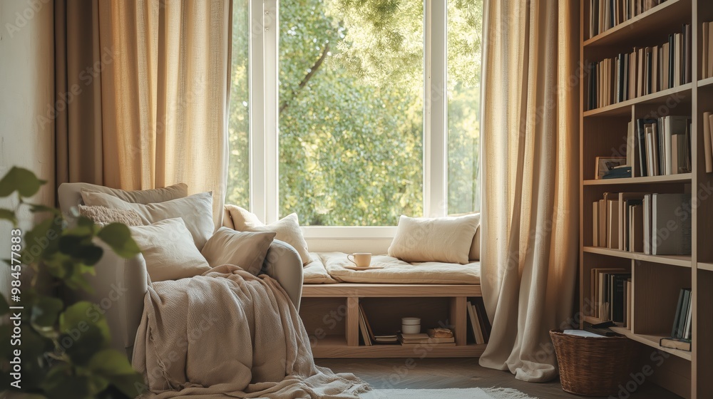 Fototapeta premium Cozy reading nook with beige curtains, wooden shelves full of books and nature view through large window creating a calm and peaceful atmosphere