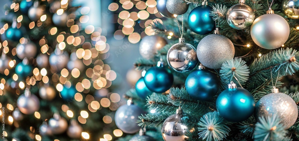 Christmas Tree With Baubles balls And Blurred Shiny Lights ornaments decoration Christmas Tree With Baubles balls And Blurred Shiny Lights ornaments decoration